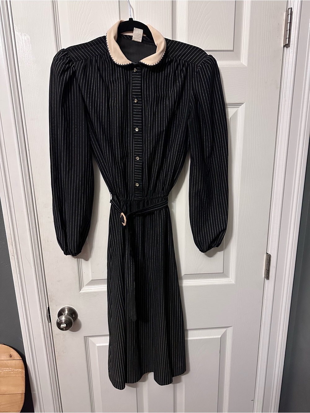 Vintage 70s Black Pinstripe Long Sleeve Dress with Cream Collar